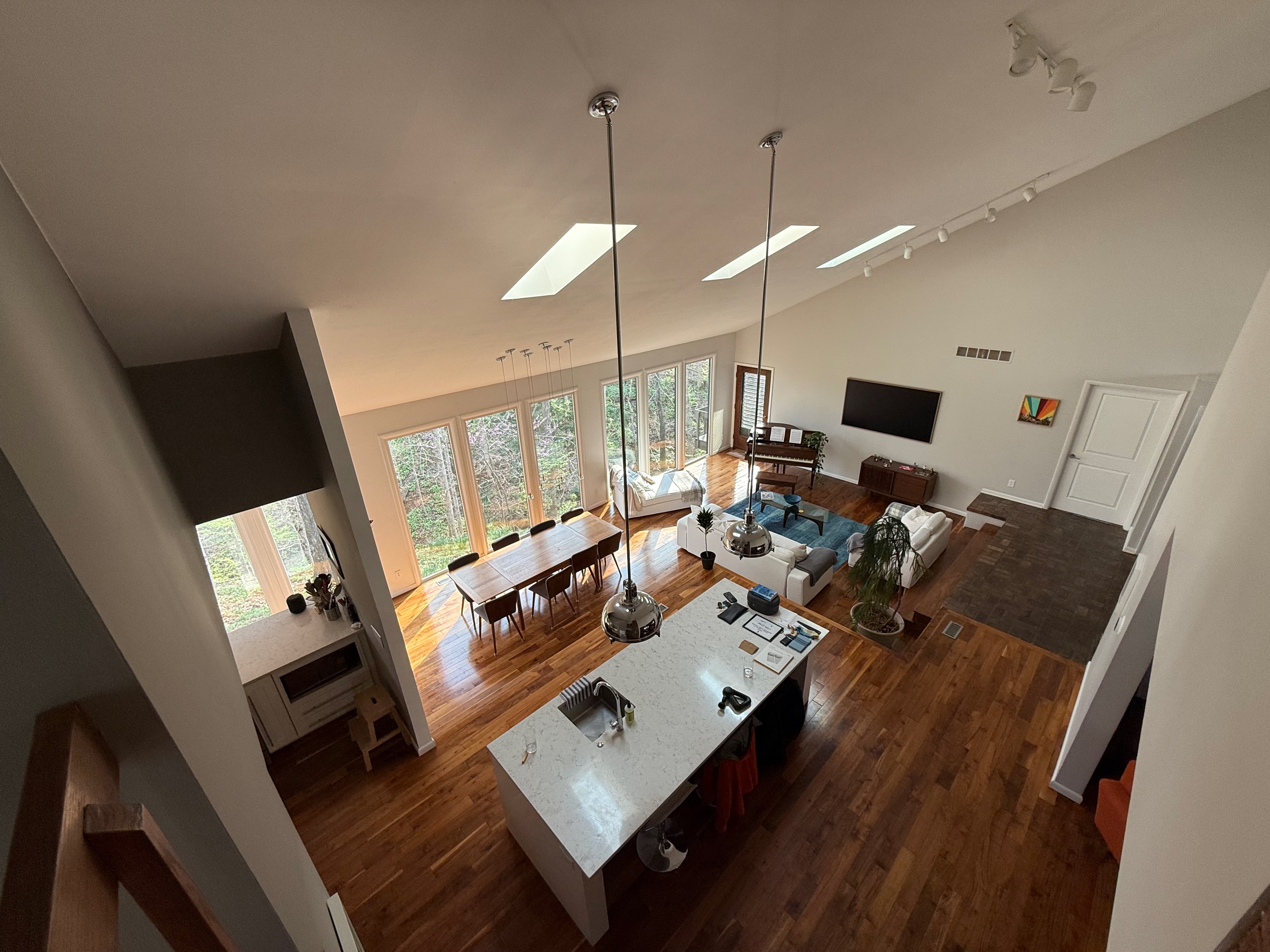 Overhead view of the great room, kitchen, and dining area